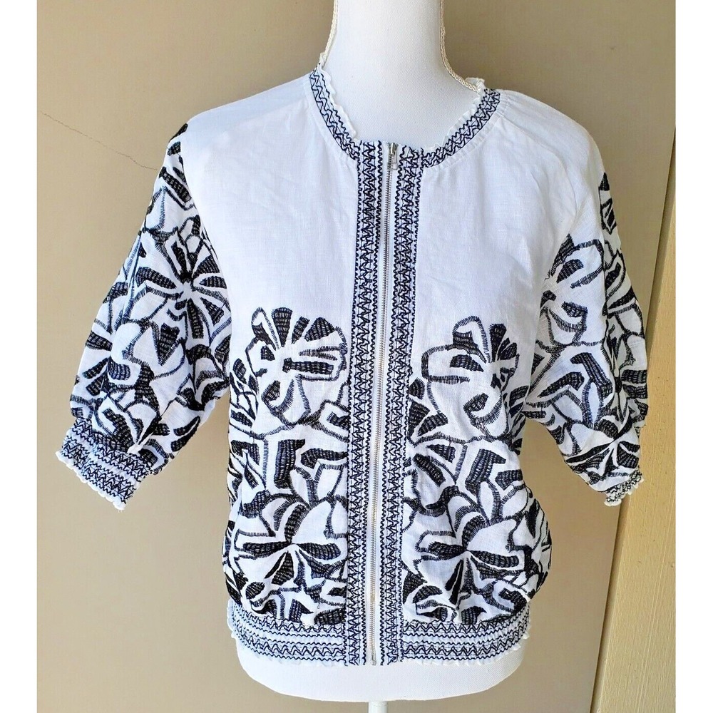 Chicos 100% Linen Jacket Womens Medium White Black Embroidered Zip Smocked